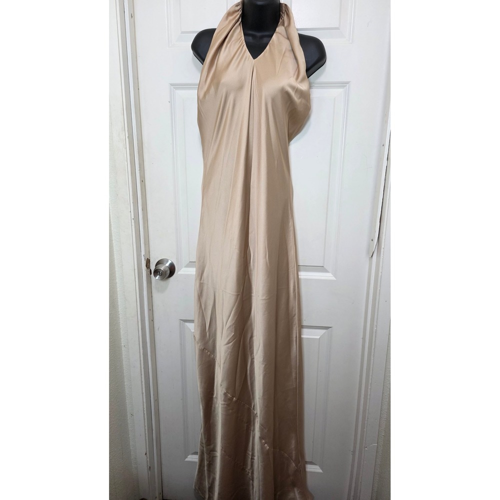 Show Me Your Mumu Maxi Dress Women's M Gold Satin Halter Backless Formal Gown